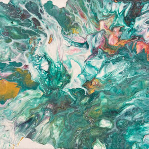 Abstract acrylic painting with flowing layers of green, turquoise, and ivory, accented with coral and gold, evoking tranquil motion and reflective serenity.