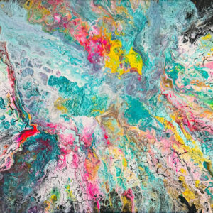 Abstract acrylic painting with flowing streams of turquoise, coral, and gold, layered to create luminous depth, energy, and ethereal motion.