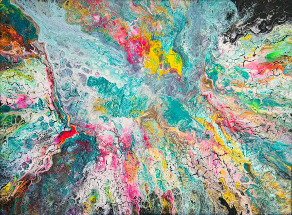 Abstract acrylic painting with flowing streams of turquoise, coral, and gold, layered to create luminous depth, energy, and ethereal motion.
