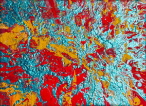 Abstract acrylic painting with flowing red, gold, and shimmering blue tones, accented with metallic highlights, evoking fiery energy, motion, and transformation.
