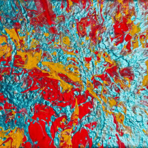 Abstract acrylic painting with flowing red, gold, and shimmering blue tones, accented with metallic highlights, evoking fiery energy, motion, and transformation.