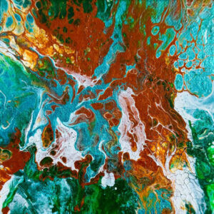 Abstract acrylic painting with flowing layers of deep umber, copper, and teal, accented with metallic highlights, evoking the harmony of earth, water, and natural transformation.