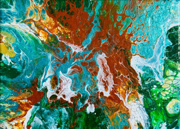 Abstract acrylic painting with flowing layers of deep umber, copper, and teal, accented with metallic highlights, evoking the harmony of earth, water, and natural transformation.