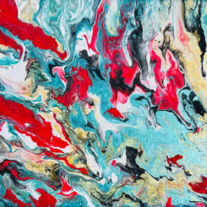 Abstract acrylic painting with cascading ribbons of turquoise, gold, and scarlet, accented with metallic shimmer, evoking celestial motion, light, and transformation.