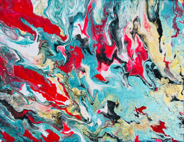 Abstract acrylic painting with cascading ribbons of turquoise, gold, and scarlet, accented with metallic shimmer, evoking celestial motion, light, and transformation.