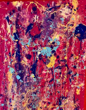 "Forgotten Memories" original acrylic painting on canvas, 30.5 x 39.8 cm, abstract artwork with crimson, purple, gold, and blue, 2025