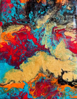 "Starting Over" original acrylic painting on canvas, 25.4 x 20.4 cm, vivid turquoise, red, gold, orange, and black abstract artwork, 2025
