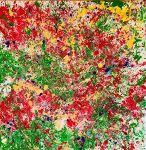 "Summer Breeze" original acrylic painting on canvas, 40 x 40 cm, abstract artwork with red, green, yellow, and blue, 2025