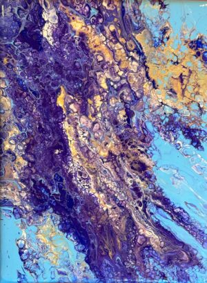 "Treasure Beneath the Depths" original acrylic painting on canvas, 17 x 24 cm, abstract artwork with violet, indigo, gold, and aqua, 2025